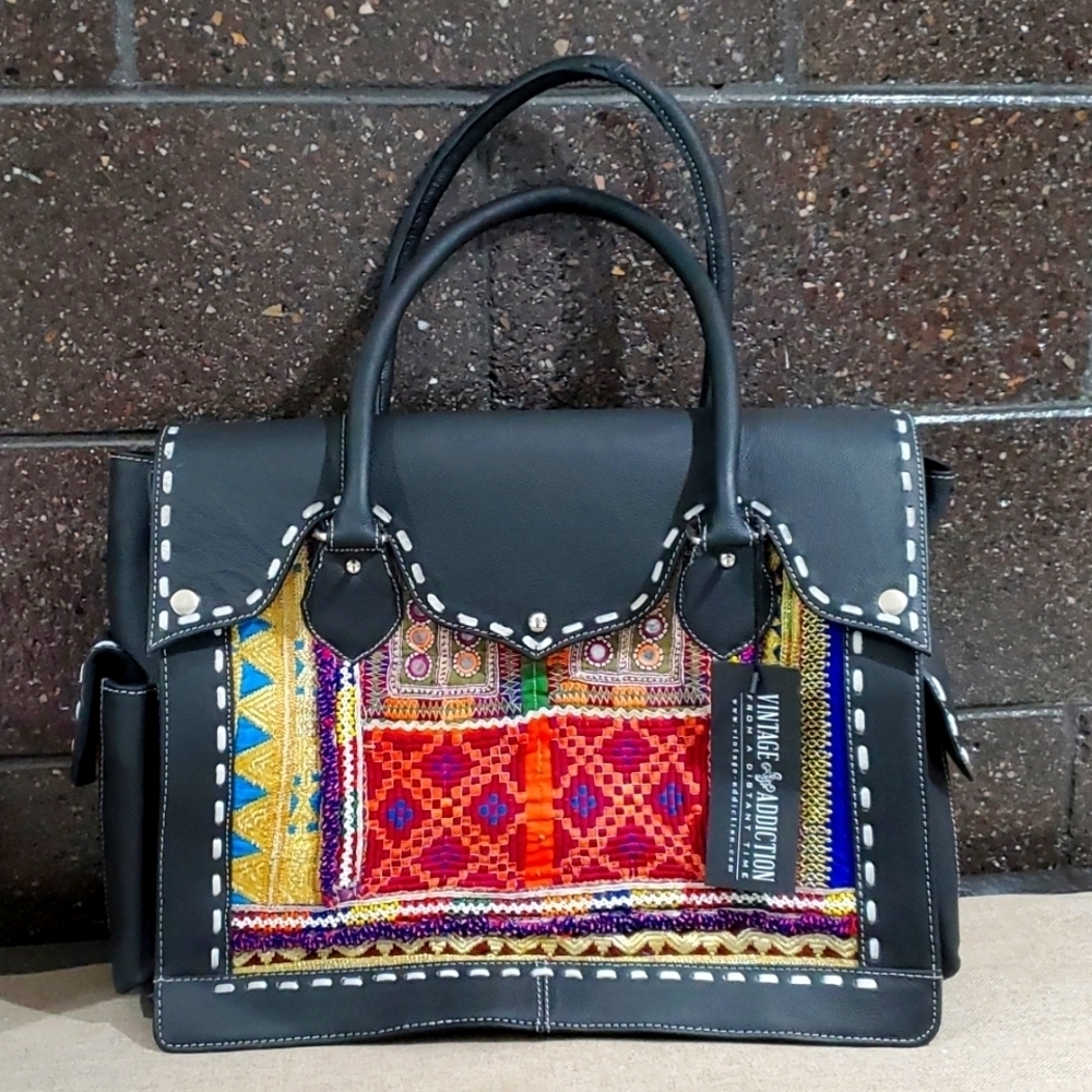 VINTAGE-ADDICTION LARGE  ARTISAN AFGHANISTAN DESIGN TOTE BAG BLACK